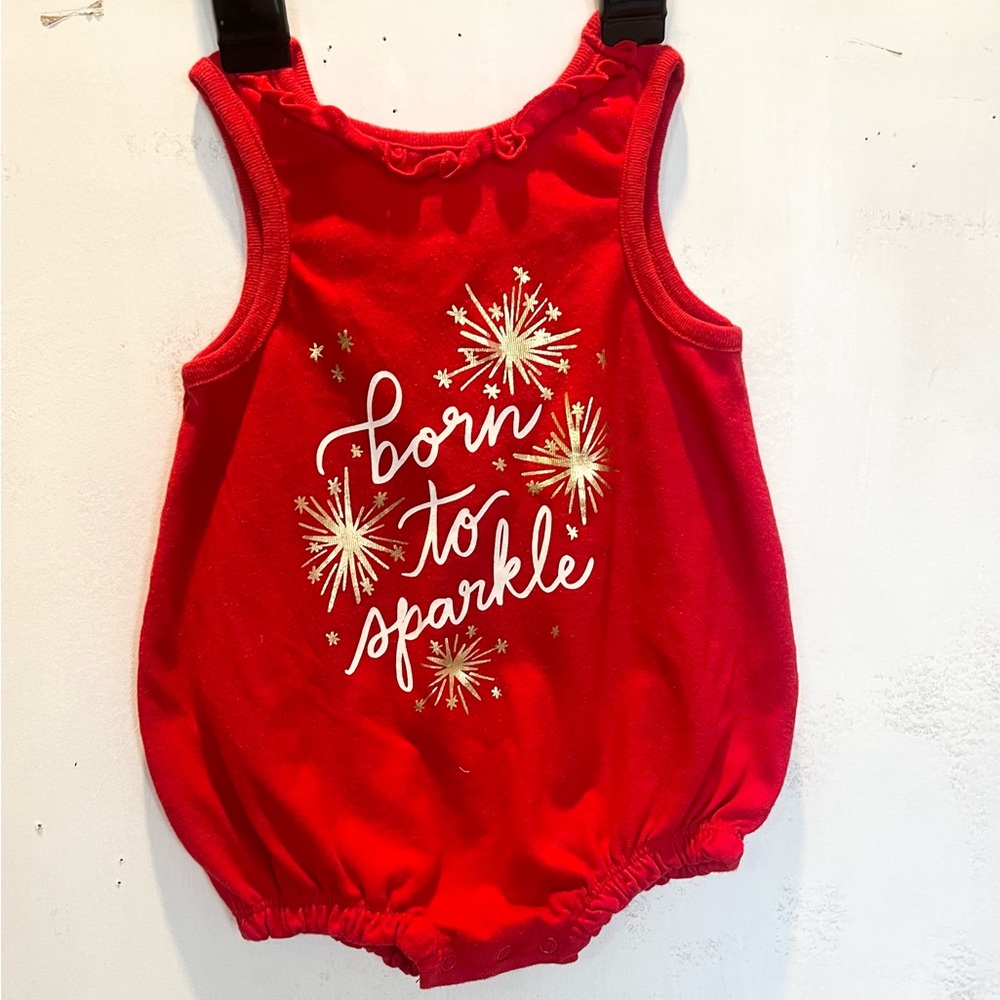 6-9 months girl Cat & Jack red one piece “Born to Sparkle” front logo
